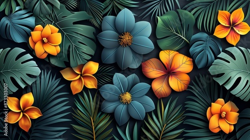 Tropical patterns with palm leaves, exotic flowers, and vibrant colors, bringing a tropical paradise to your projects. , Minimalism,