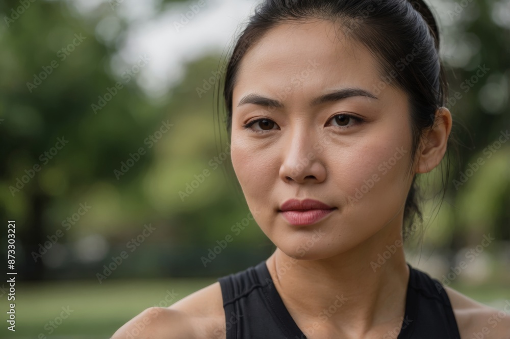 Asian woman wearing gym clothes, park in the background, concept of physical exercises, healthy life. Asian woman wearing gym clothes, park in the background, concept of physical exercises, healthy life.