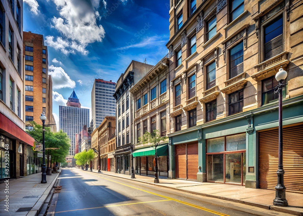 Abandoned city street lined with tall buildings, empty sidewalks, and closed storefronts under a bright blue summer sky with architectural details. Abandoned city street lined with tall buildings, empty sidewalks, and closed storefronts under a bright blue summer sky with architectural details.