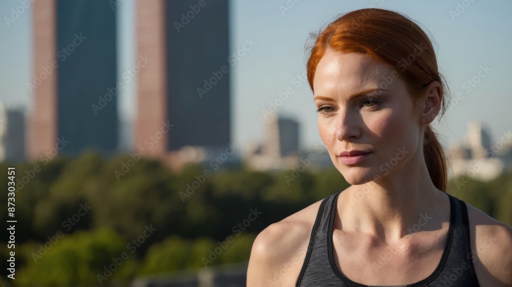 Redhead woman in gym clothes, park in the background, concept of physical exercise, healthy living. Redhead woman in gym clothes, park in the background, concept of physical exercise, healthy living.