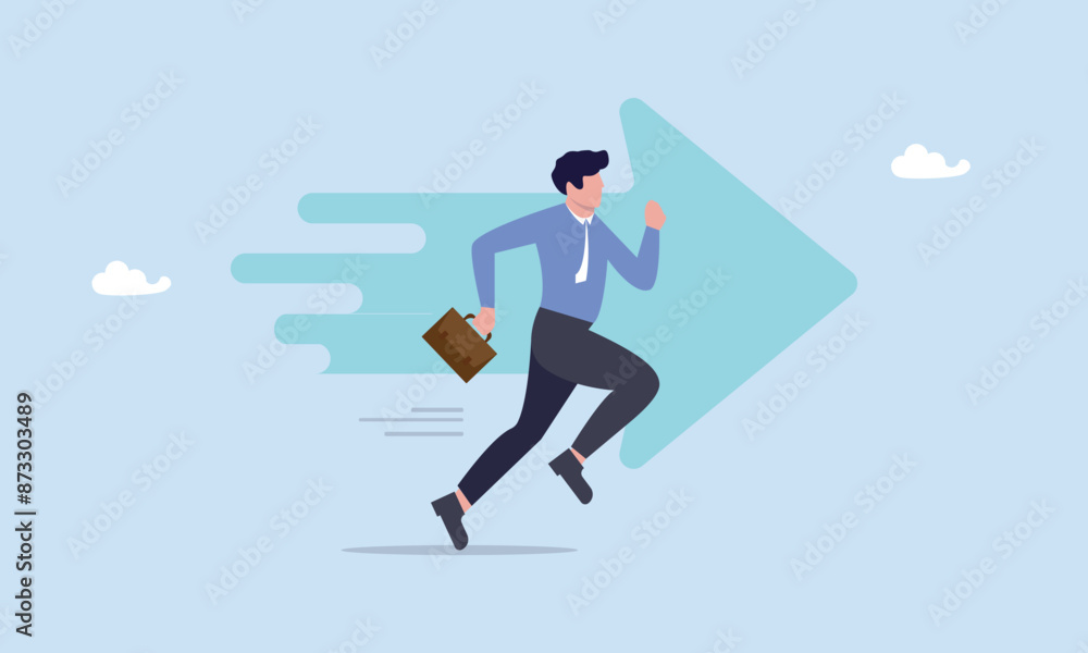 Confidence ambitious businessman running forward on arrow symbol, moving forward to achieve success, ambition or motivation to reach business target, career development or work effort concept. Confidence ambitious businessman running forward on arrow symbol, moving forward to achieve success, ambition or motivation to reach business target, career development or work effort concept.