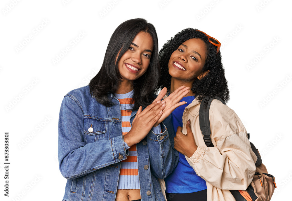 Latin friends ready for vacation feeling energetic and comfortable, rubbing hands confident. Latin friends ready for vacation feeling energetic and comfortable, rubbing hands confident.