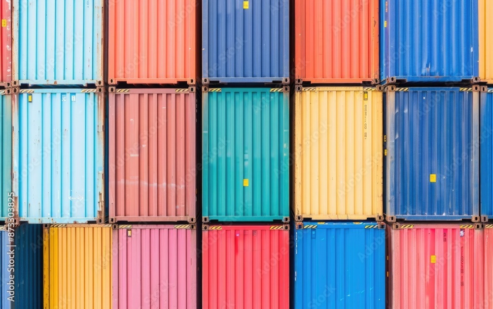 A colorful wall of shipping containers stacked neatly in a port. A colorful wall of shipping containers stacked neatly in a port.