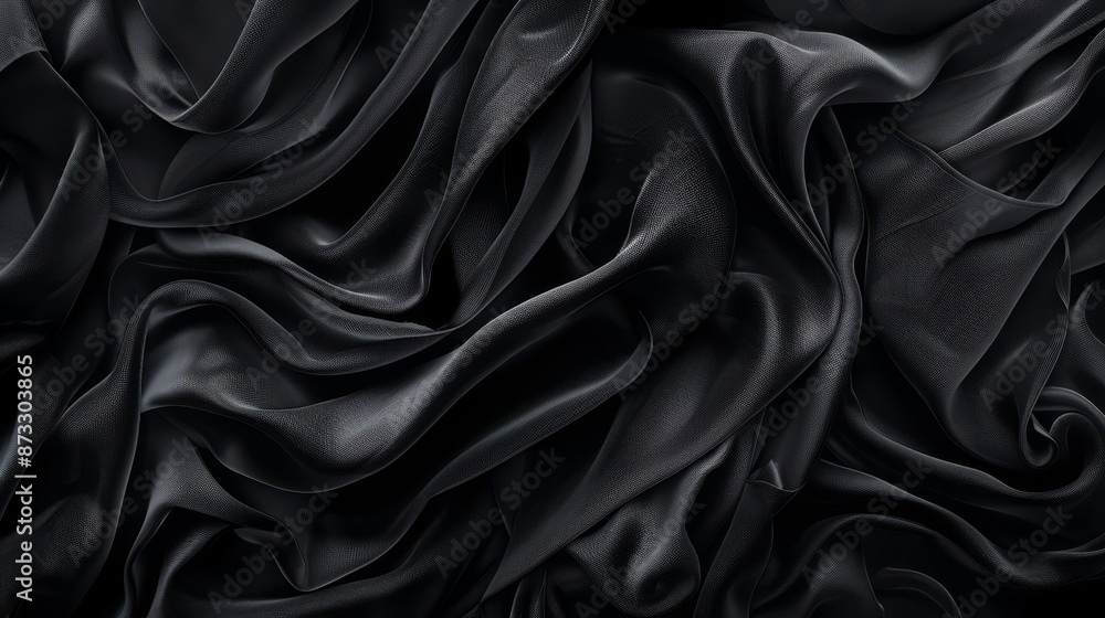Elegant close-up of black silk fabric with beautiful folds and texture, perfect for backgrounds or design elements showcasing luxury and sophistication. Elegant close-up of black silk fabric with beautiful folds and texture, perfect for backgrounds or design elements showcasing luxury and sophistication.