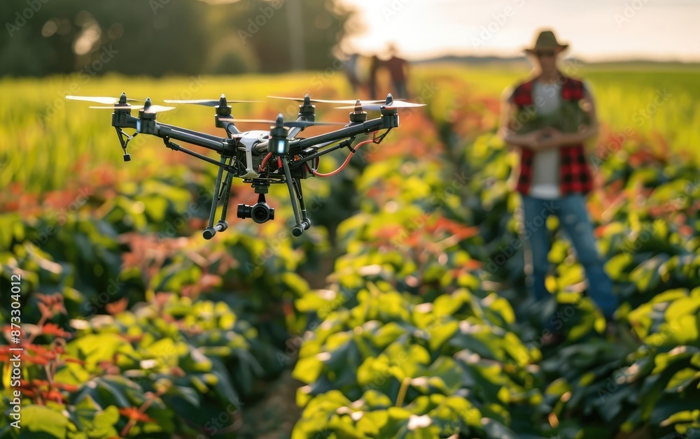 Agriculture drone operating in a vibrant green field with a farmer in the background during a sunny day, showcasing modern farming technology. Agriculture drone operating in a vibrant green field with a farmer in the background during a sunny day, showcasing modern farming technology.