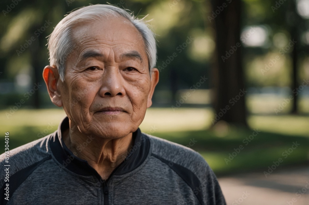 Asian elderly man wearing gym clothes, park in the background, concept of physical exercise, healthy life. Asian elderly man wearing gym clothes, park in the background, concept of physical exercise, healthy life.