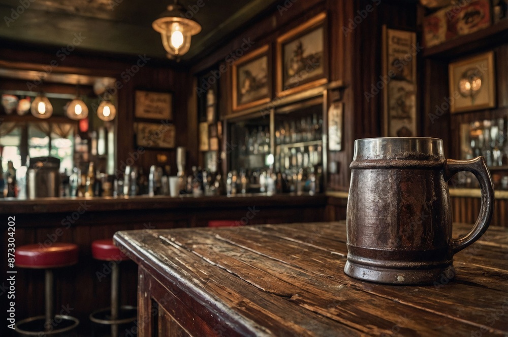 Antique beer mug on the aged wooden counter of a 1950s retro bar, bar in the background. Antique beer mug on the aged wooden counter of a 1950s retro bar, bar in the background.