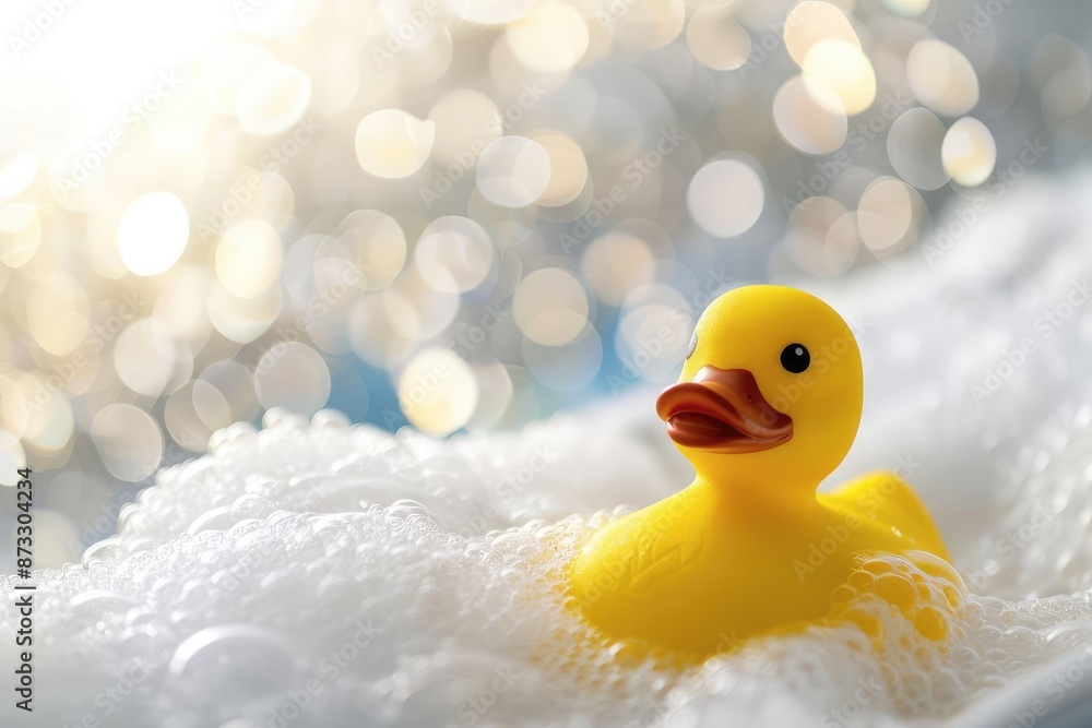 Yellow rubber duck surrounded by white foam bubbles with a bokeh background, symbolizing playful bath time and childhood fun. Yellow rubber duck surrounded by white foam bubbles with a bokeh background, symbolizing playful bath time and childhood fun.