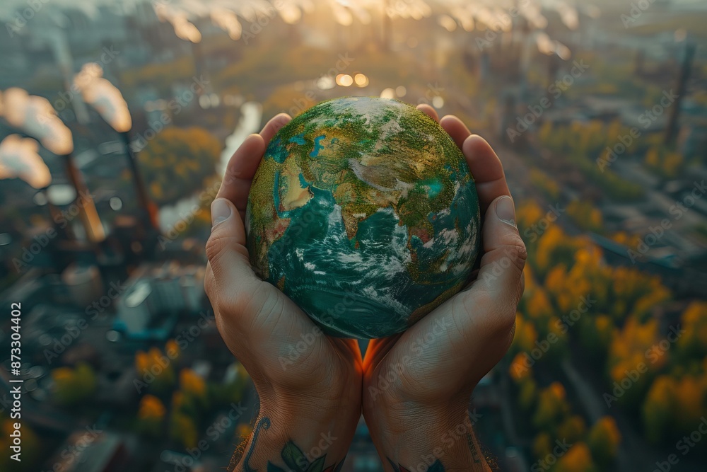 Someone holding globe of Earth as setting sun casts warm glow. Lush globe contrasts with blurry city backdrop Someone holding globe of Earth as setting sun casts warm glow. Lush globe contrasts with blurry city backdrop