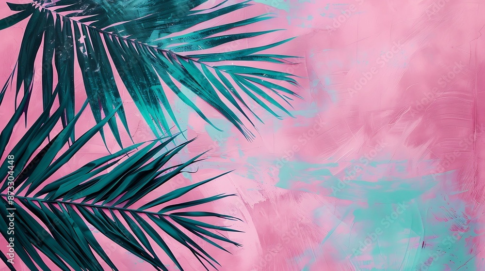 Palm tree leaves in a contemporary design on a magenta pink and aqua blue background, simple and vibrant Palm tree leaves in a contemporary design on a magenta pink and aqua blue background, simple and vibrant