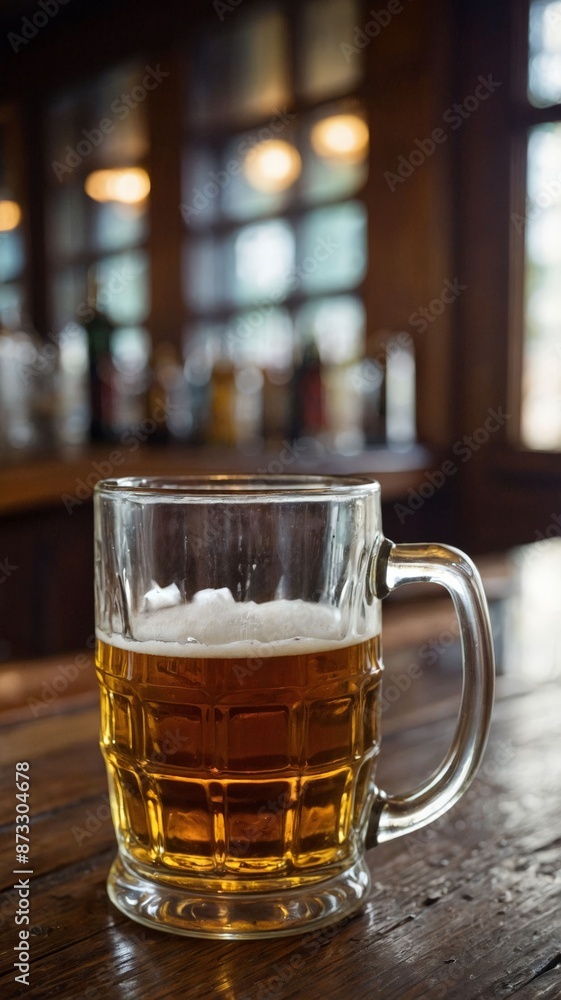 Mug of beer on the wooden counter of an old bar from the 1950s, bar in the background. Mug of beer on the wooden counter of an old bar from the 1950s, bar in the background.