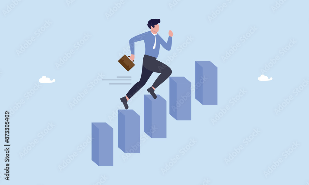 Success businessman step up growing bar graph stairs, career advancement, development or business growth, progress to more responsibility, salary or job promotion, improvement opportunity concept. Success businessman step up growing bar graph stairs, career advancement, development or business growth, progress to more responsibility, salary or job promotion, improvement opportunity concept.