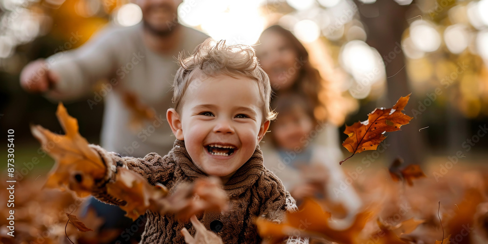 Laughing Child Playing with Leaves in Autumn with Family Laughing Child Playing with Leaves in Autumn with Family