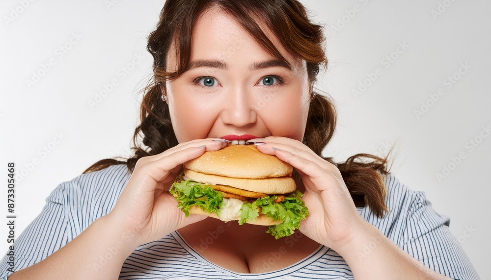 Overeating disorder, woman with obesity eating unhealthy junk food. Fight obesity and diabetes. Health issues, food Overeating disorder, woman with obesity eating unhealthy junk food. Fight obesity and diabetes. Health issues, food