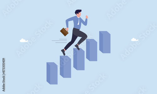 Success businessman step up growing bar graph stairs, career advancement, development or business growth, progress to more responsibility, salary or job promotion, improvement opportunity concept.