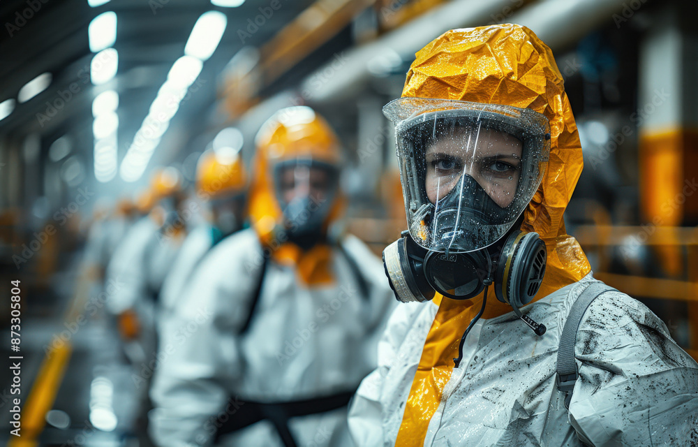 Worker uniform industrial factory, makes survey, checking equipment against background Worker uniform industrial factory, makes survey, checking equipment against background