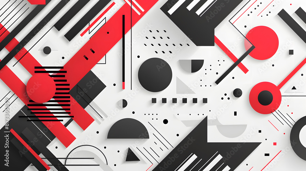Abstract background with geometric shapes in red, black, and white colors, 3D rendering. Flat lay. Modern design for banner, design Abstract background with geometric shapes in red, black, and white colors, 3D rendering. Flat lay. Modern design for banner, design