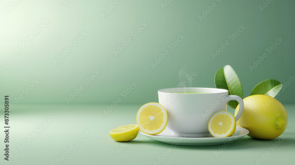A steaming cup of tea sits in a green, tranquil setting, garnished with fresh lemon slices for a refreshing and healthy beverage experience. A steaming cup of tea sits in a green, tranquil setting, garnished with fresh lemon slices for a refreshing and healthy beverage experience.