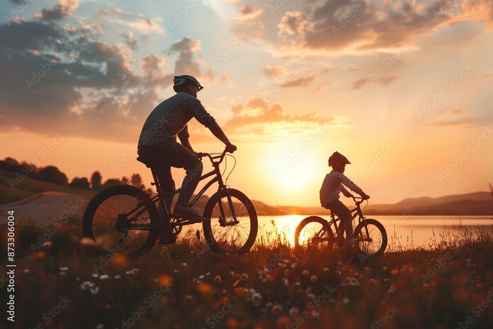 father and son ride a bike in the park father and son ride a bike in the park