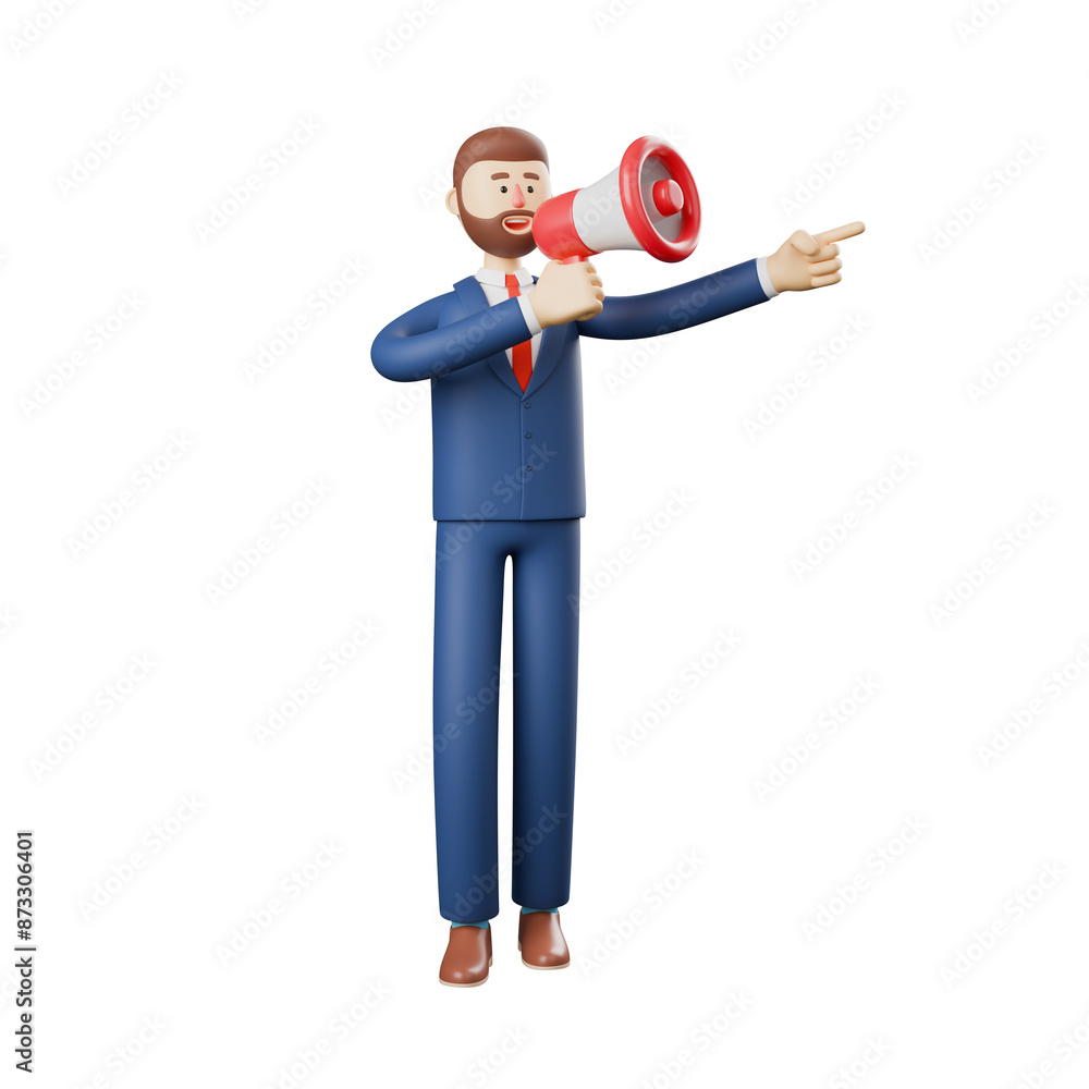 3D illustration of a bearded businessman, with a loudspeaker. Social media concept, Advertising and promotion. 3D rendering with white background.Perfect for Web banner, start site page, infographics. 3D illustration of a bearded businessman, with a loudspeaker. Social media concept, Advertising and promotion. 3D rendering with white background.Perfect for Web banner, start site page, infographics.