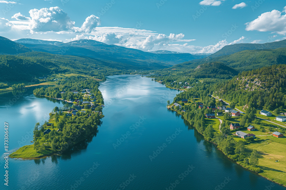 Obraz premium Norwegian Fjord Surrounded By Green Mountains And Fields: Aerial View Of Blue Water Flowing Amidst Stunning Natural Landscape