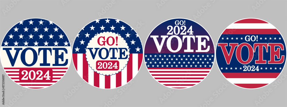 USA VOTE 2024 Presidential Election icon badge pin button set, midterm, House, Senate elections. American Election campaign style, Electoral symbols, United States of America USA Flag. USA VOTE 2024 Presidential Election icon badge pin button set, midterm, House, Senate elections. American Election campaign style, Electoral symbols, United States of America USA Flag.