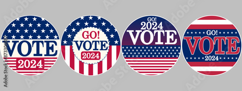USA VOTE 2024  Presidential Election icon badge pin button set, midterm, House, Senate elections. American Election campaign style, Electoral symbols, United States of America USA Flag.