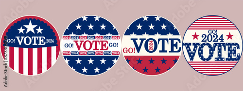 USA VOTE 2024  Presidential Election icon badge pin button set, midterm, House, Senate elections. American Election campaign style, Electoral symbols, United States of America USA Flag.