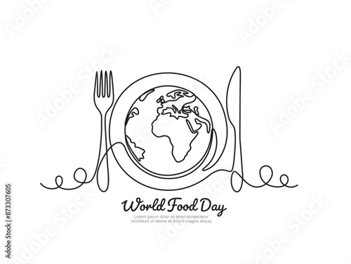 Continuous one single line drawing of Globe, knife and fork. World Food day isolated on white background. Vector Illustration.
