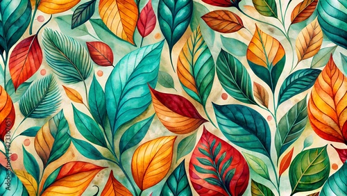 Wallpaper Mural Vibrant watercolor leaves in shades of emerald, amber, and crimson morph into an intricate, whimsical pattern, perfect for adding elegant charm to any wall or digital design. Torontodigital.ca