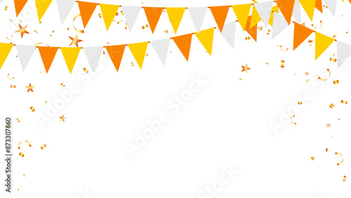 triangle pennants chain and confetti for happy holiday party color concept. birthday, celebration, carnival, anniversary and decoration