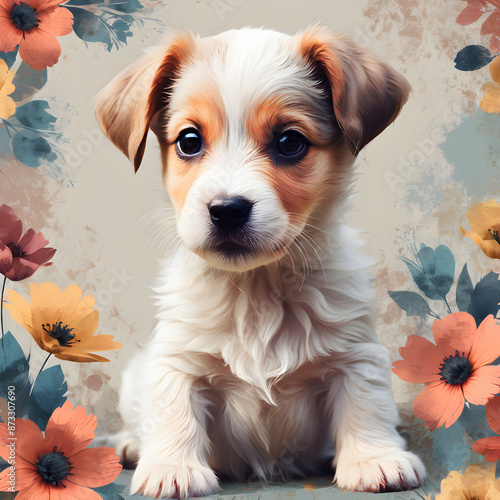 puppy illustration dog art digital artwork textured background portrait cute animal pets adorable artistic flowers floral decorative playful abstract. photo