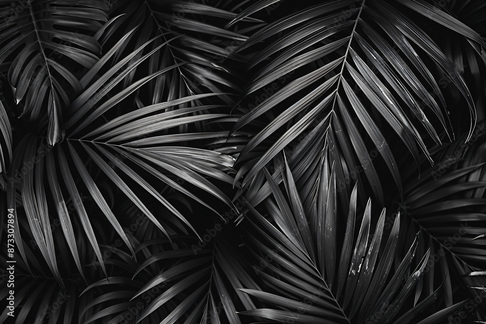 Obraz premium Black and white palm leaves in dark jungle, tropical leaf texture background. Dark monochrome nature concept for design. ,8k, real photo, photography