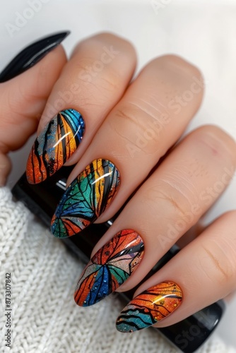 Wallpaper Mural Vibrant Autumn Leaf Pattern Nail Art Design on Fashionable Manicure Torontodigital.ca