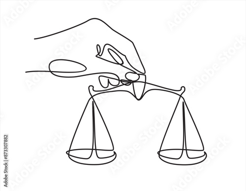 One single line drawing of hand holding weight scale symbol for world day of social justice in continuous line drawing.