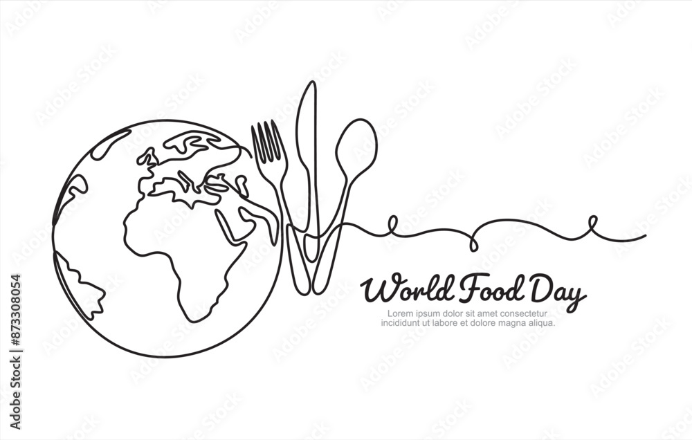 Fototapeta premium Continuous one single line drawing of Globe, knife and fork. World Food day isolated on white background. Vector Illustration. 