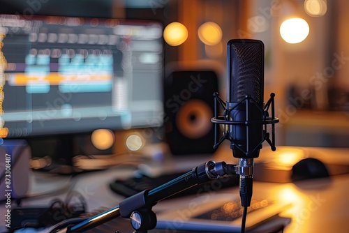 a microphone in a recording studio