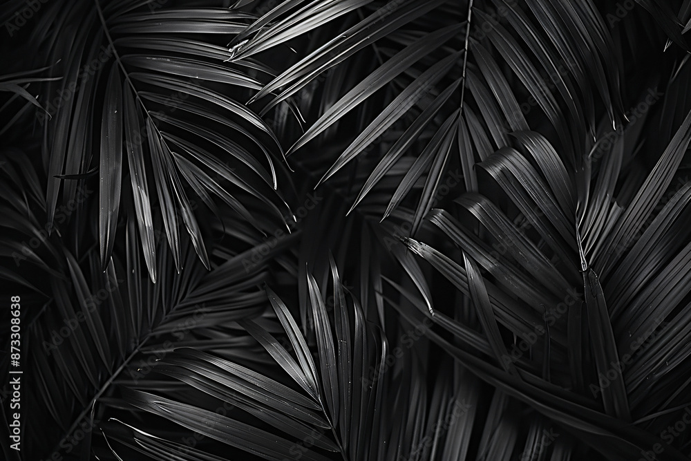 Fototapeta premium Black and white palm leaves in dark jungle, tropical leaf texture background. Dark monochrome nature concept for design. ,8k, real photo, photography