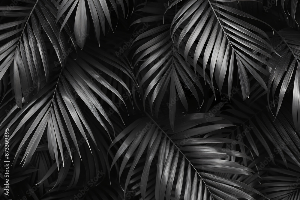 Black and white palm leaves in dark jungle, tropical leaf texture ...