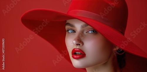 Woman Wearing Red Hat and Lipstick Against Red Background