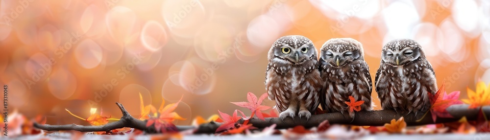 Owls Sitting on branches with fall foliage Owls Sitting on branches with fall foliage