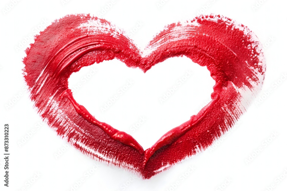 Vibrant red lipstick smudge forms a imperfect heart shape texture on a clean white background, adding a romantic and playful touch to any design. Vibrant red lipstick smudge forms a imperfect heart shape texture on a clean white background, adding a romantic and playful touch to any design.