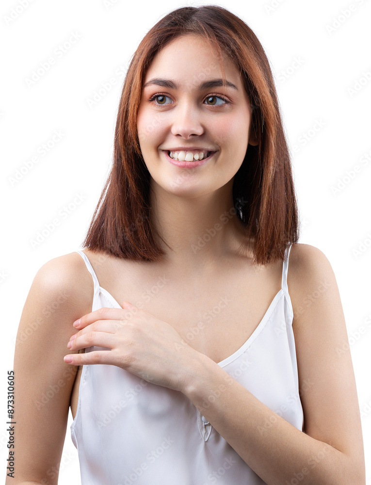 Beautiful smiling woman with clean skin, natural make-up and white teeth on a gray background Beautiful smiling woman with clean skin, natural make-up and white teeth on a gray background