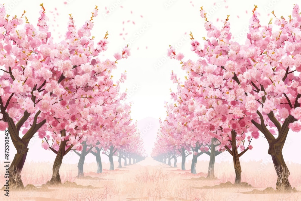 A serene peach orchard scene with trees adorned in delicate pink blossoms, symbolizing the arrival of spring. The soft pink hue creates a romantic ambiance, inviting all to revel in its beauty. A serene peach orchard scene with trees adorned in delicate pink blossoms, symbolizing the arrival of spring. The soft pink hue creates a romantic ambiance, inviting all to revel in its beauty.