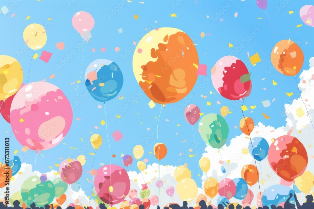 A colorful procession of balloons floats above a lively parade route, surrounded by cheering crowds. The clear blue sky provides a stunning backdrop for this festive celebration. A colorful procession of balloons floats above a lively parade route, surrounded by cheering crowds. The clear blue sky provides a stunning backdrop for this festive celebration.