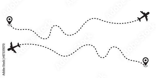 Airplane path in a dotted line shape, Aircraft tracking. Airplane line routes set. air plane flight route with start point and dash line trace. travel, map pins, location pins. Black vector.
