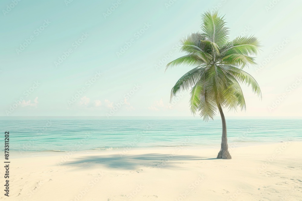 Obraz premium A tranquil beach scene with a lone palm tree swaying gently in the breeze, surrounded by calm turquoise waters. The golden sand stretches out to meet the horizon.