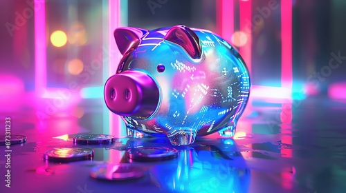 Futuristic piggy bank glowing in neon lights representing modern savings and digital finance. Coins scattered around in a cyber environment. photo