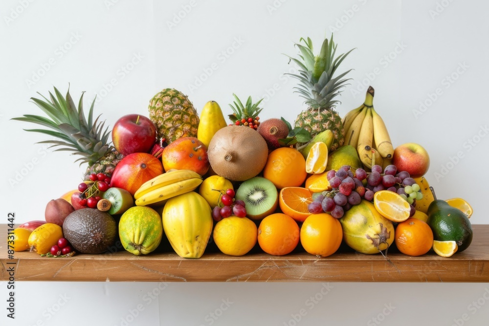 A vibrant display of assorted tropical fruits arranged neatly on a wooden table. A vibrant display of assorted tropical fruits arranged neatly on a wooden table.