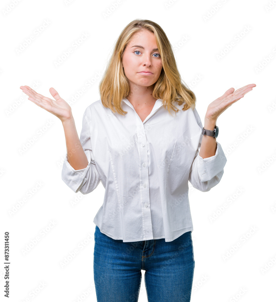 Beautiful young business woman over isolated background clueless and confused expression with arms and hands raised. Doubt concept. Beautiful young business woman over isolated background clueless and confused expression with arms and hands raised. Doubt concept.